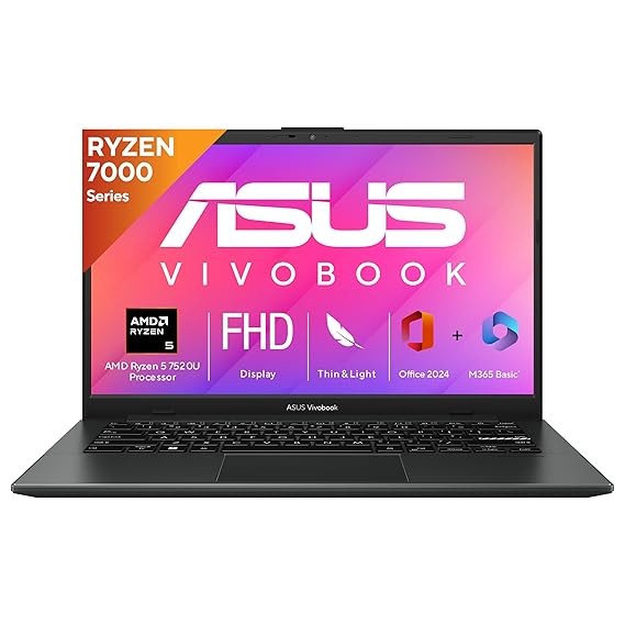 ASUS Vivobook Go 14, AMD Ryzen 5 7520U, 16GB RAM, 512GB SSD, FHD 14, Windows 11, Office Home 2024, Black, 1.38kg, E1404FA-NK5542WS, AMD Radeon iGPU, 42WHrs, M365 Basic (1Year) Laptop