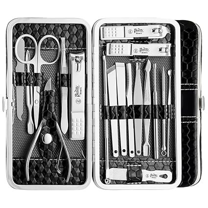 Beauté Secrets Essentials 18 Pieces Manicure Kit, Pedicure Tools for Feet, Nail Clipper, Ear Pick Tweezers, Manicure Pedicure Set for Women and Men (Black)