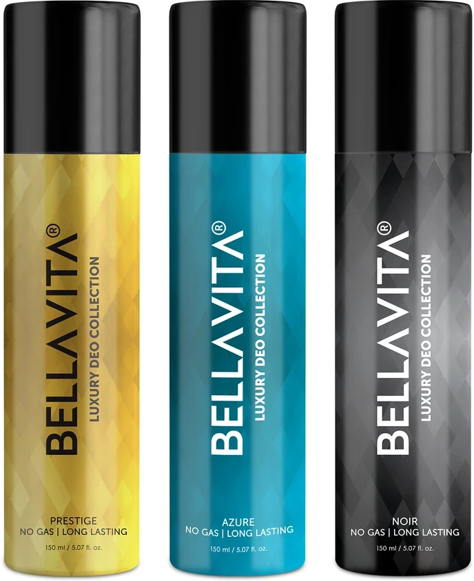 BELLAVITA Noir,Azure & Prestige Deo Parfum Combo|3x150ml|Long lasting Body spray| Deodorant Spray - For Men & Women  (450 ml, Pack of 3)