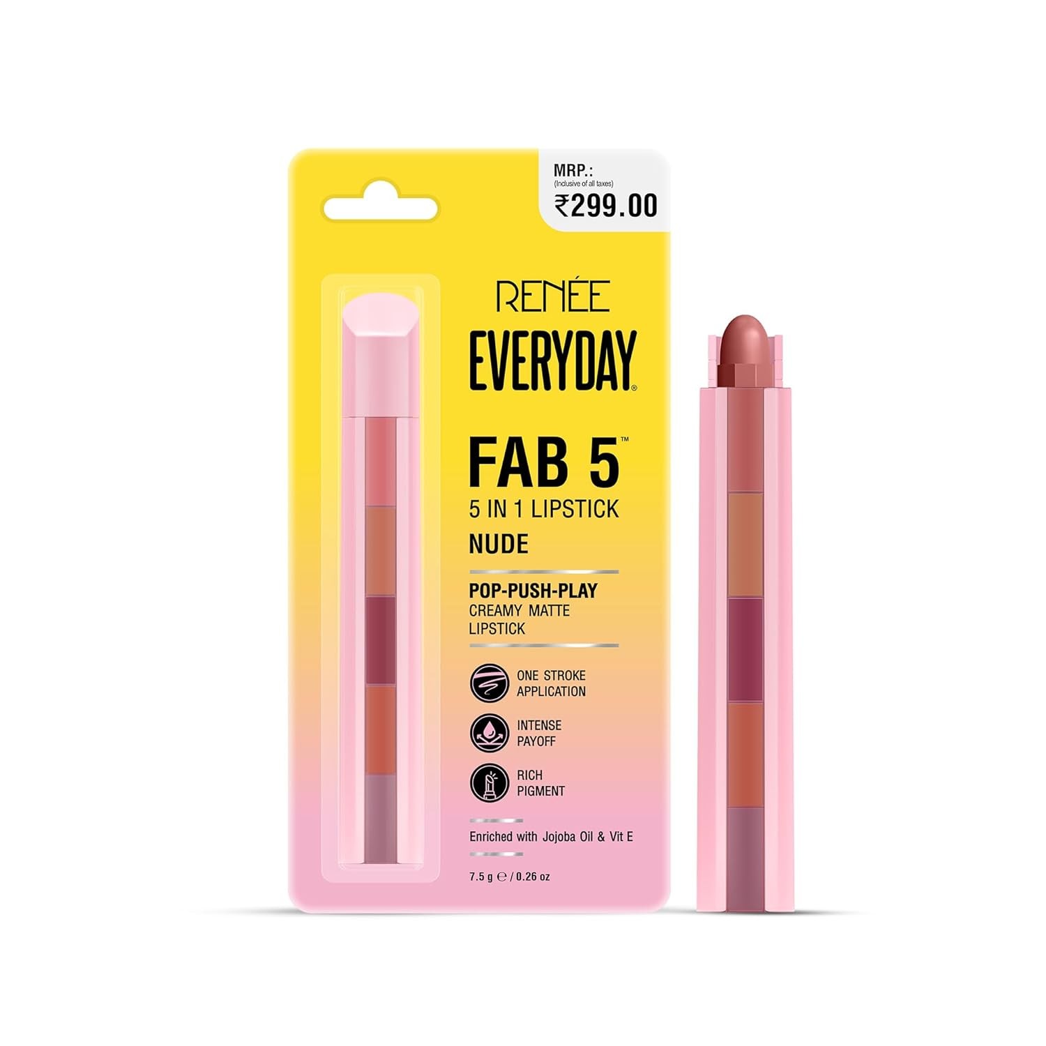 RENEE Everyday Fab 5 5-in-1 Nude Matte Lipstick | 5 Shades In 1 Stick, Matte Finish, Intense Colour Pay-off | Creamy Formula, Glides Easily, One Stroke Application | With Jojoba Oil & Vitamin E | 7.5 