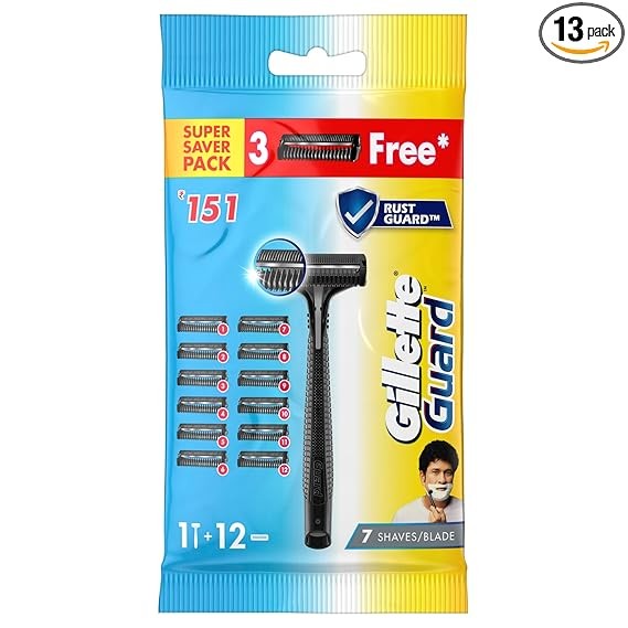 Gillette Guard Shaving Razor for Men (1 Razor with 12 blades) | Super Value Pack with upto 1 year of shaving | Safety comb and flexible head for a safe shave