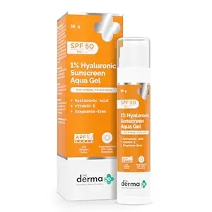 The Derma Co 1% Hyaluronic Sunscreen Aqua Gel SPF 50 PA++++ | Hyaluronic Acid for Deep, Long Lasting Hydration | Ultra Lightweight Texture I Non-Greasy, No White Cast | Broad Spectrum Protection & Blu