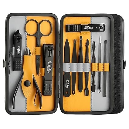 Beauté Secrets Essentials Manicure Set Nail Clippers, Stainless Steel Nail Scissors Grooming Kit, Acne needle, Blackhead Tool Leather Travel Case (Grey Yellow)