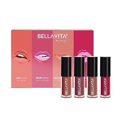 Bella Vita Organic Mini Kiss Proof Liquid Lipstick Gift Set of 4x2ml  Smudge & Transfer-Proof  Intense Moisturisation  Just Nude, Berry Nude, Mocha Madness, Cherry Pop  Lipstick Combo Set