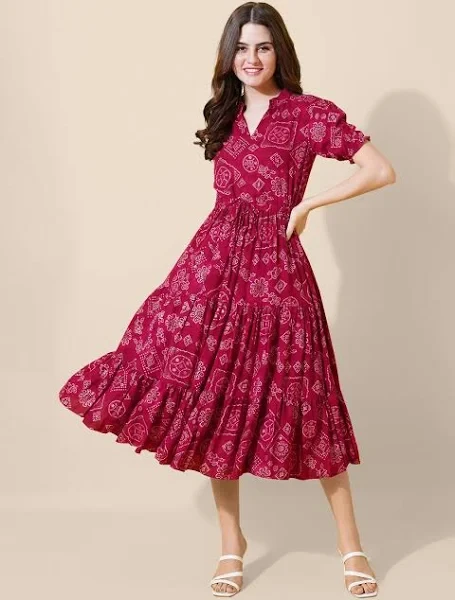 FLOWERVELLY Women Puff Sleeves Fit & Flare Midi Dress