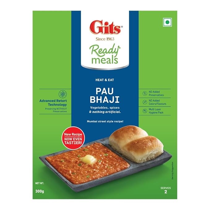 Gits Ready to Eat Pav Bhaji, Pure Veg, Heat and Eat Indian Chaat, Microwaveable, 600g (Pack of 2, 300g Each)
