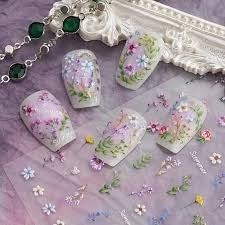 DENMILE Floral Leaf Plant 5D Embossed Nail Decals Self Adhesive Nail Art Supplies Manicure Sliders Flower Stickers for Nails Art Decoration Flower Nail Art Stickers Summer Flower Supplies Nail Tweezer