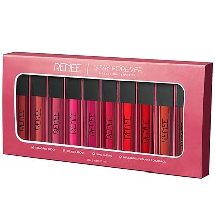 RENEE Stay Forever Matte Liquid Lipstick Combo  Transfer & Smudge-Proof  Long Lasting  Infused with Vitamin E & Jojoba Oil  Perfect for Gifting, Wedding & Special Occasions  Travel Pack of 10