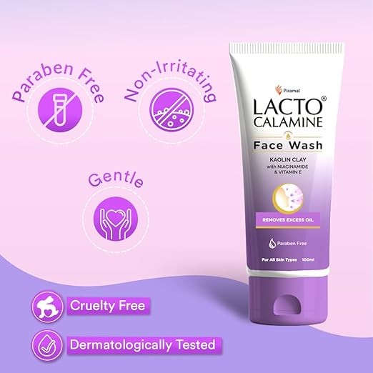 Lacto Calamine Face Wash For Oily Skin |100ml | Kaolin Clay, Niacinamide & Vitamin E | Facewash Reduces Excess Oil, Controls Pimples, Blackheads & Whiteheads | Face wash For Women & Men