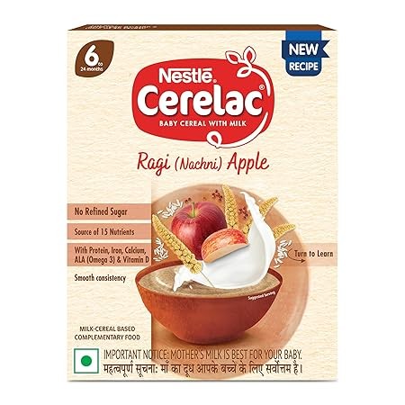 CERELAC Baby Food Cereal | No Refined Sugar | Ragi Apple for 6 to 24 Months Baby | Omega 3 Iron Protein Calcium Vitamin D for Babies | Instant Cereal | 300g