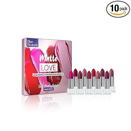 Blue Heaven Matte Love Mini Lipsticks pack of 10 | Long Lasting, Hydrating & Moisturizing Mini Roll on Lipsticks for Women | Soft-Matte Finish | 13g
