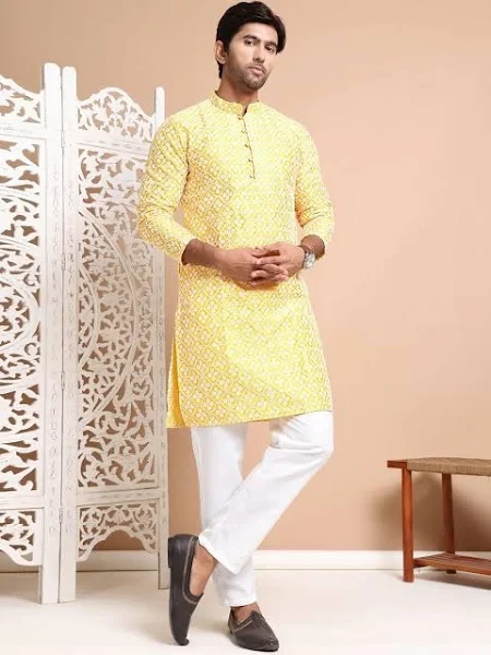 Men Floral Embroidered Regular Chikankari Kurta with Pyjamas