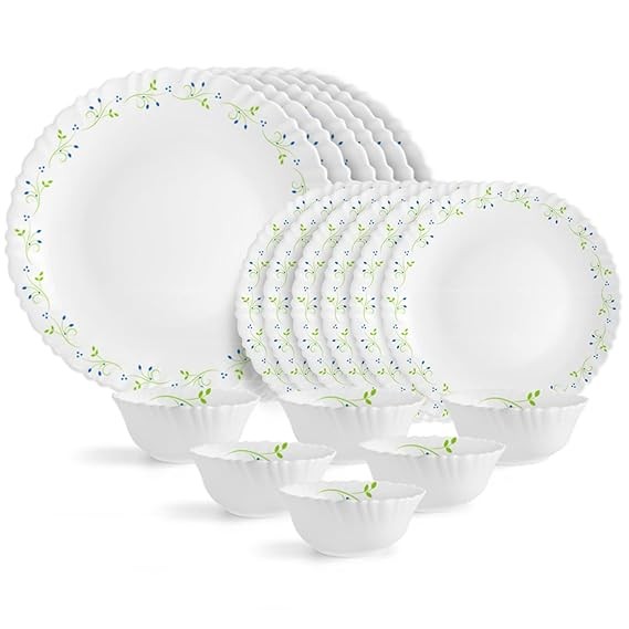 cello Pack of 18 Opalware Dazzle Series Tropical Lagoon | Study & Durable & Dishwasher Safe Dinner Set  (Green, White, Microwave Safe)